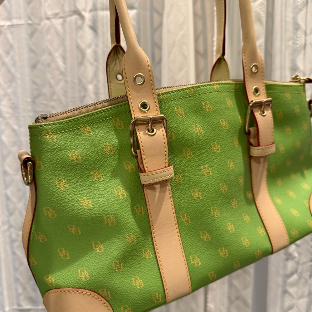 Y2K Dooney & Bourke Pastel Green & Yellow Leather Trim East West Shoulder Bag - Picture 4 of 11